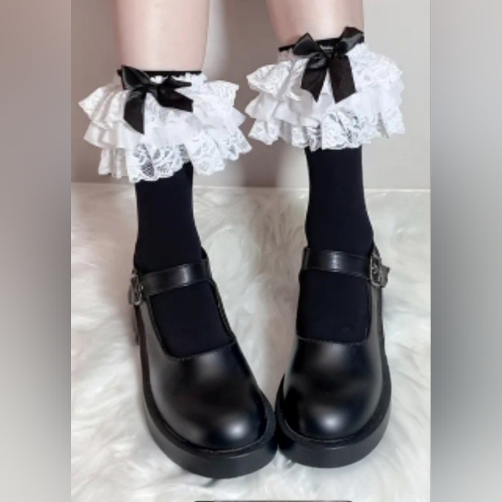 Black Ruffle Lace Ankle Socks Goth Lolita Frilly Bow Lace Trim Coquette